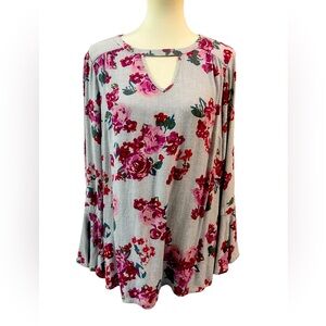 Lane Bryant floral long bell sleeve blouse size 12, gray purple red